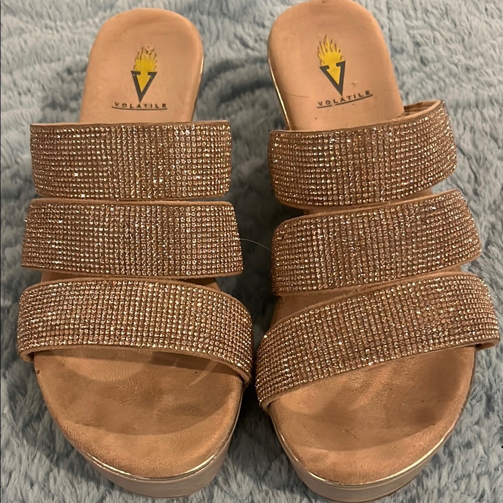 Volatile Women's Rose Gold Sandals with Rhinestone Straps